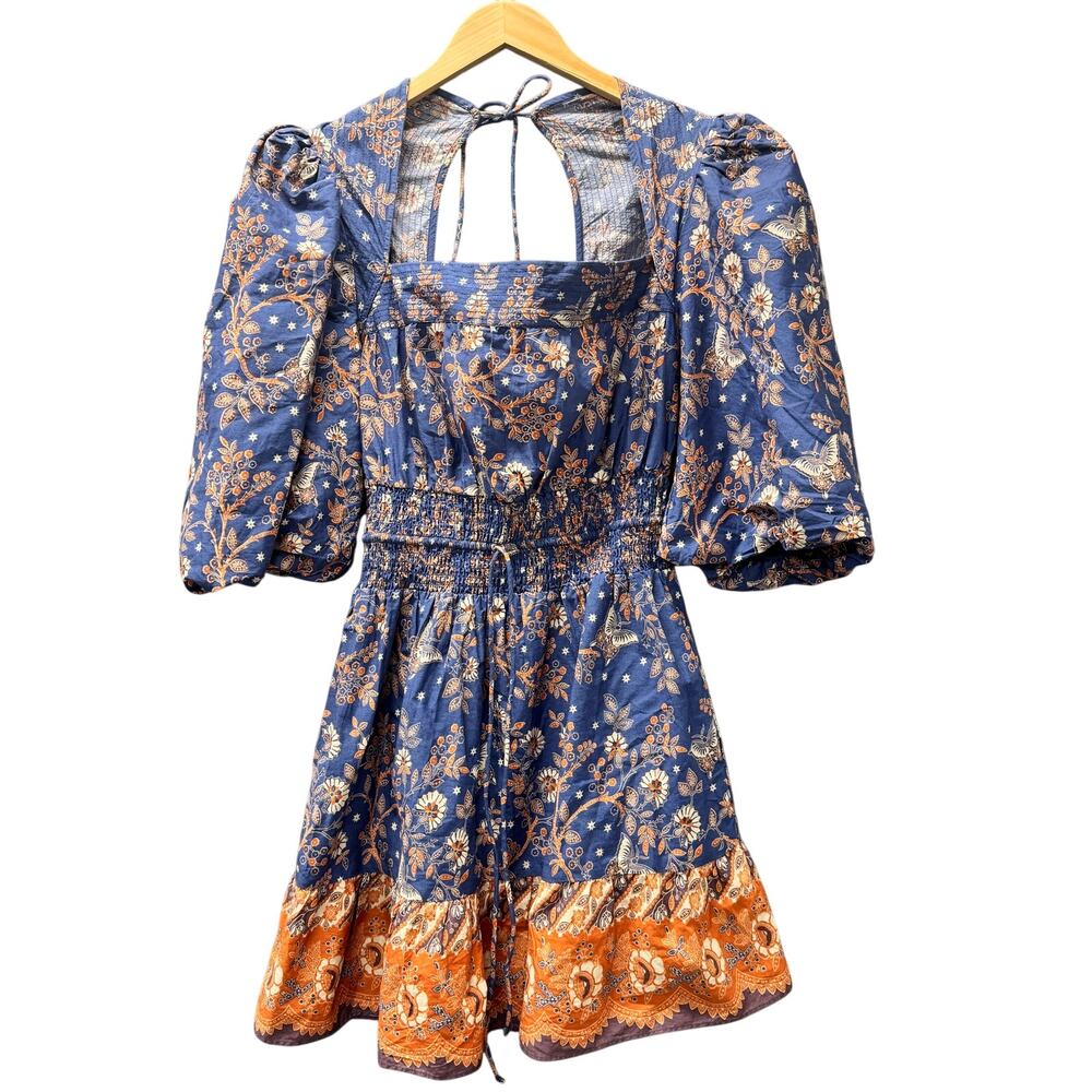 House‎ of Harlow Dress Womens Medium Smocked Floral Boho Cottagecore Blue Orange